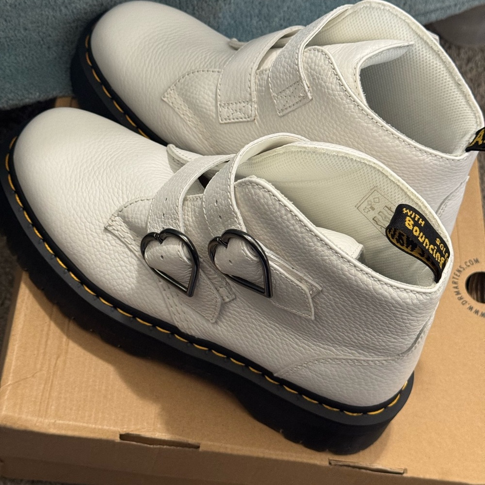 Dr. Martens White Platform Shoes with Heart Buckles